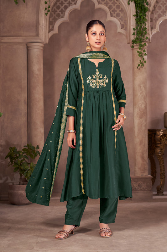 Green Chinnon Embroidered Flared Kurta Set with Jacquard Chanderi Dupatta