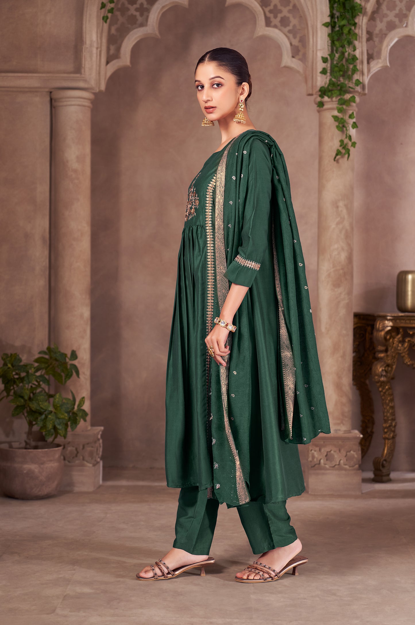 Green Chinnon Embroidered Flared Kurta Set with Jacquard Chanderi Dupatta