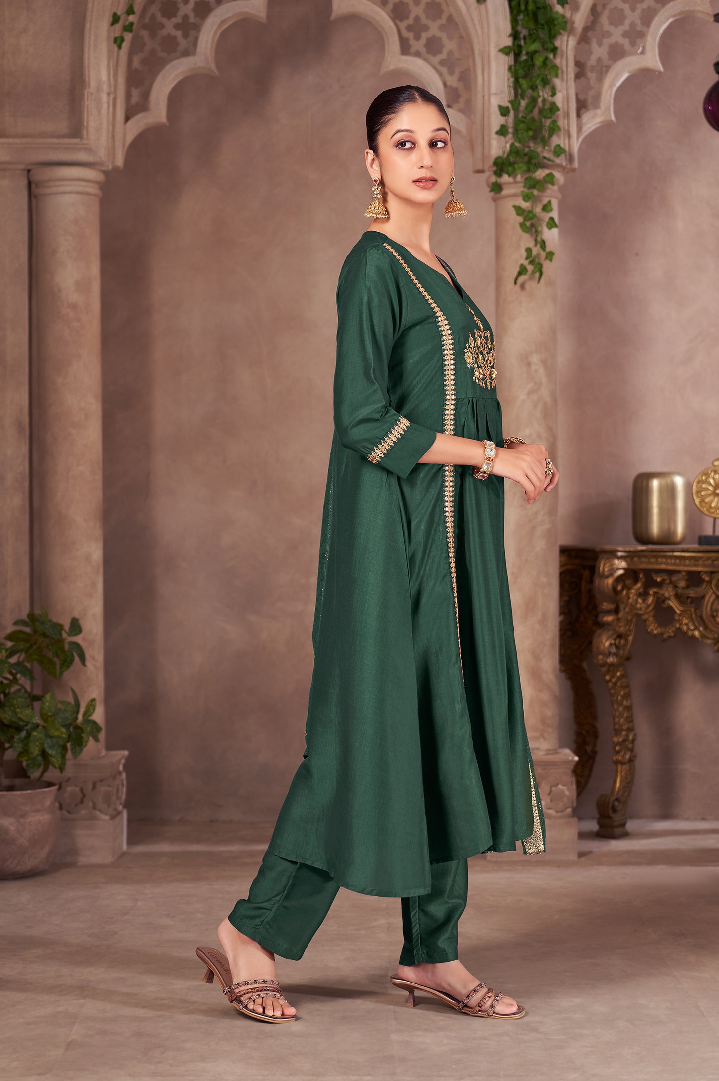 Green Chinnon Embroidered Flared Kurta Set with Jacquard Chanderi Dupatta