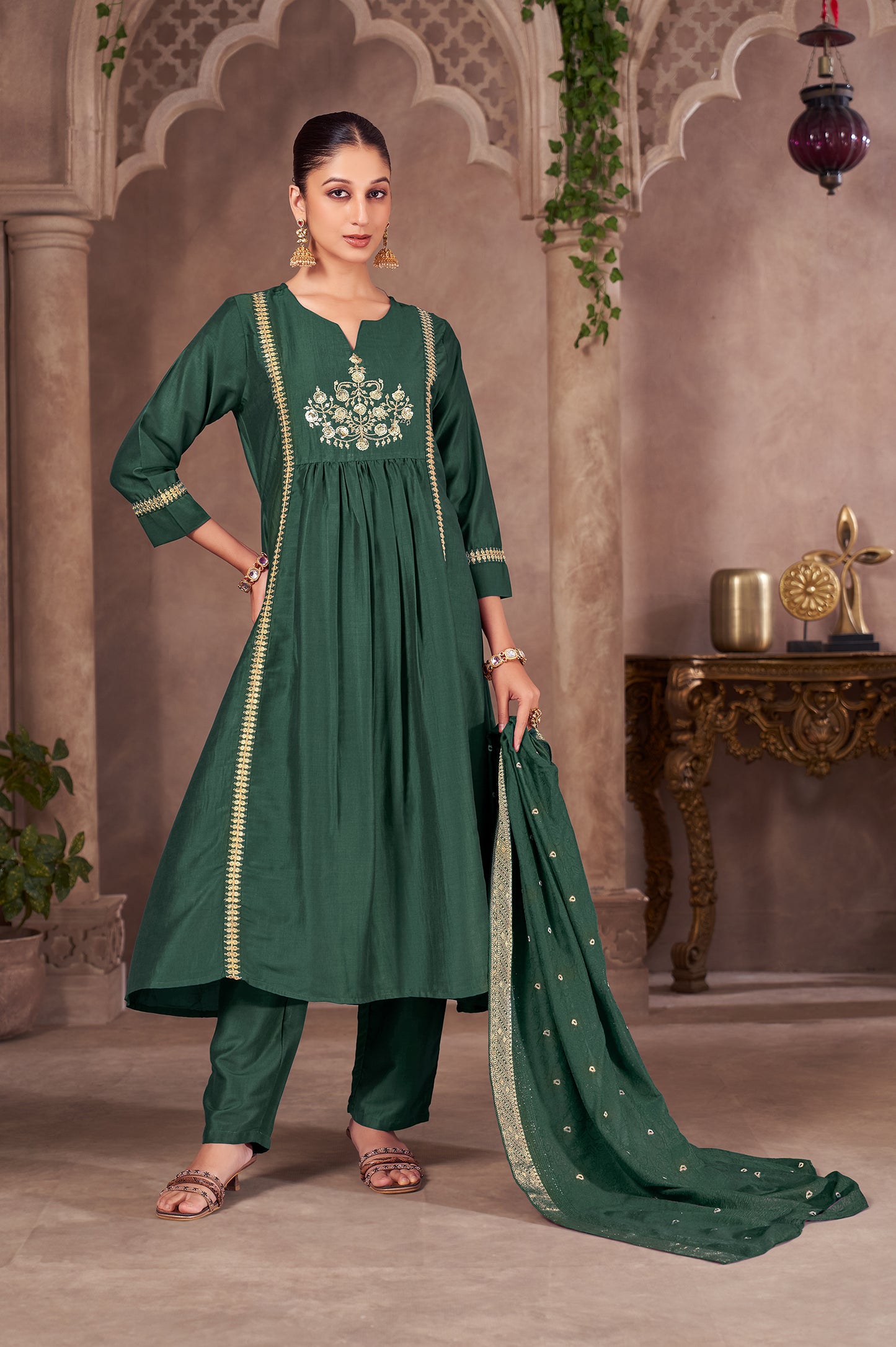 Green Chinnon Embroidered Flared Kurta Set with Jacquard Chanderi Dupatta