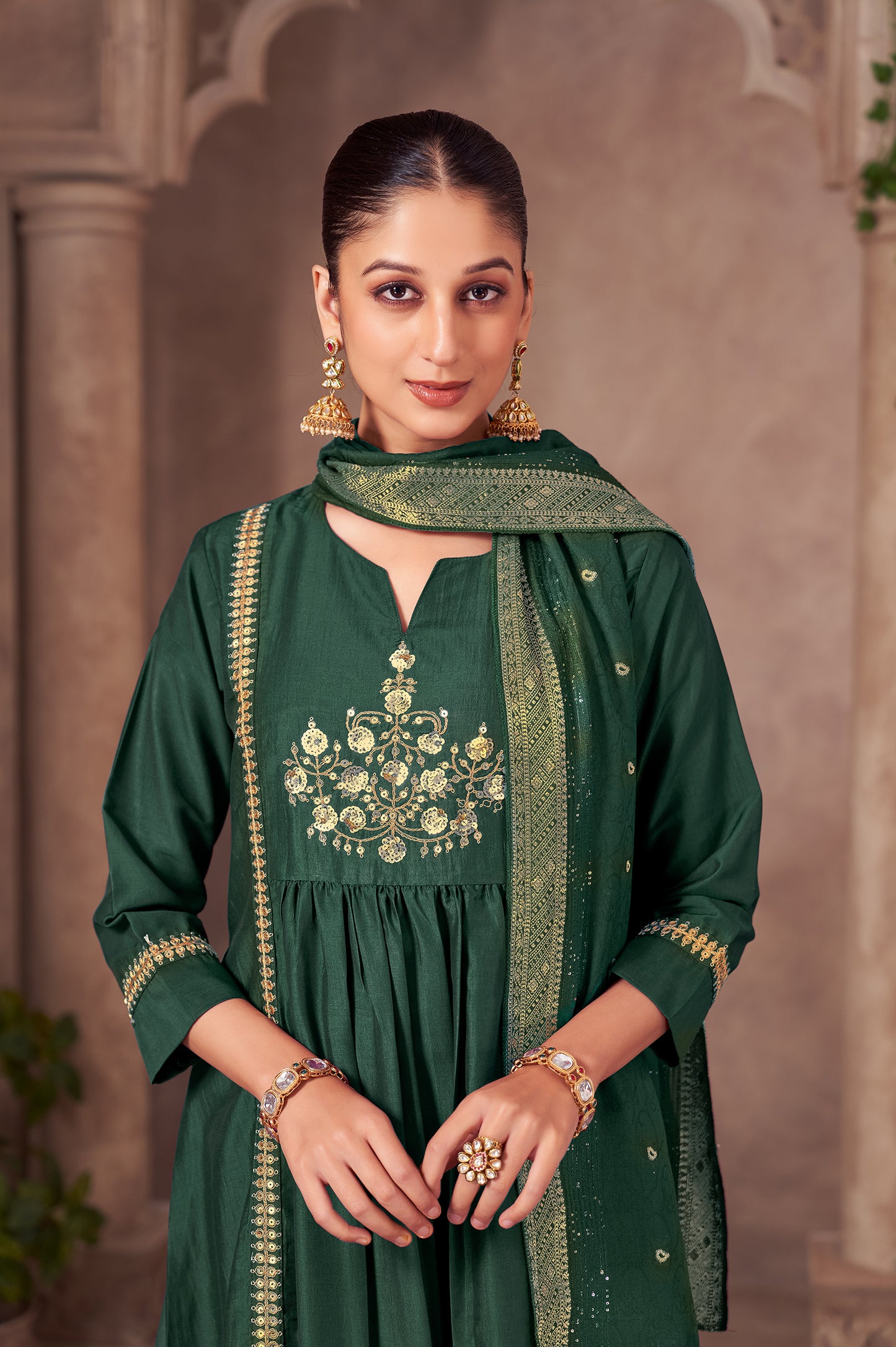 Green Chinnon Embroidered Flared Kurta Set with Jacquard Chanderi Dupatta