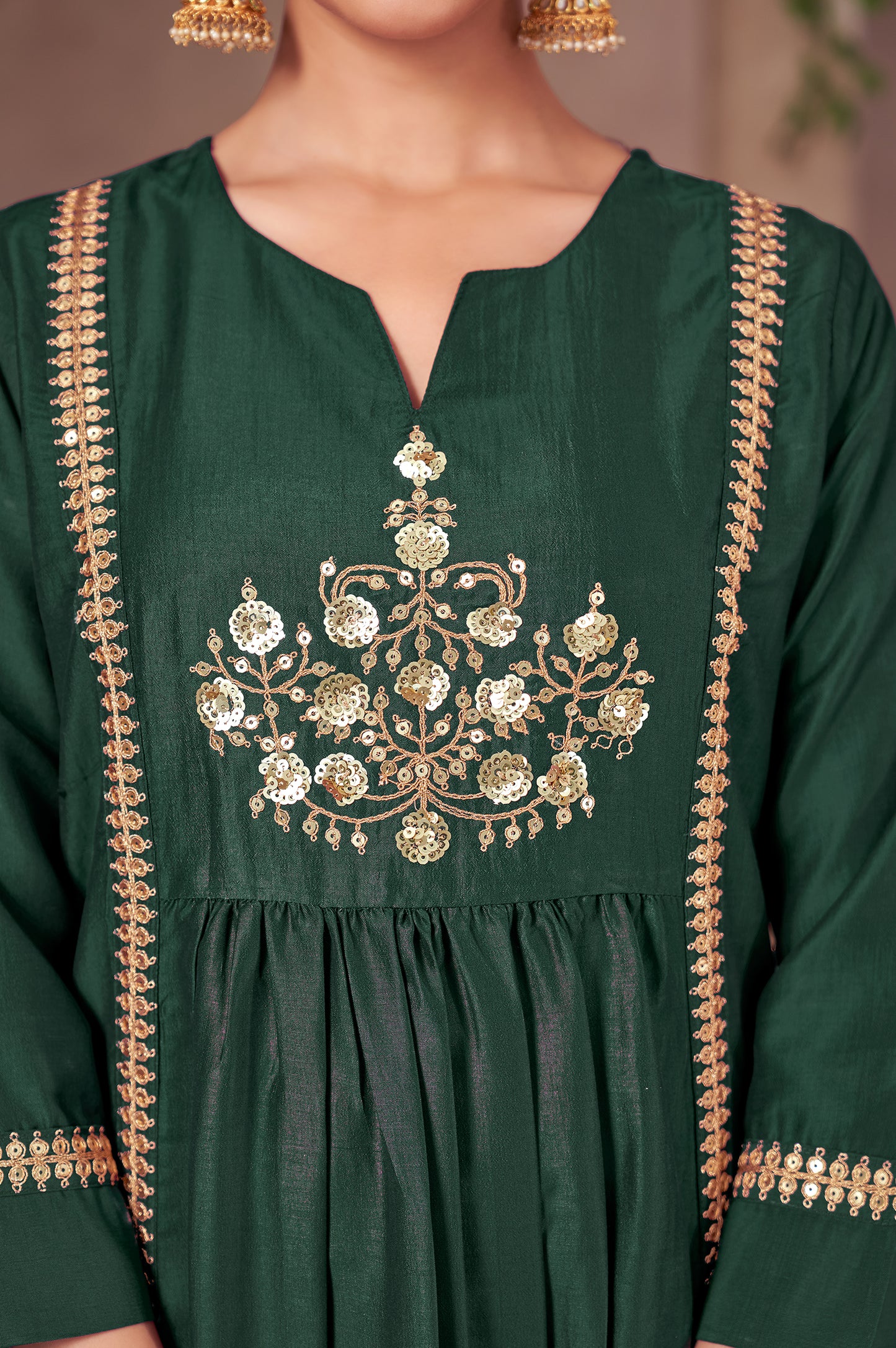Green Chinnon Embroidered Flared Kurta Set with Jacquard Chanderi Dupatta
