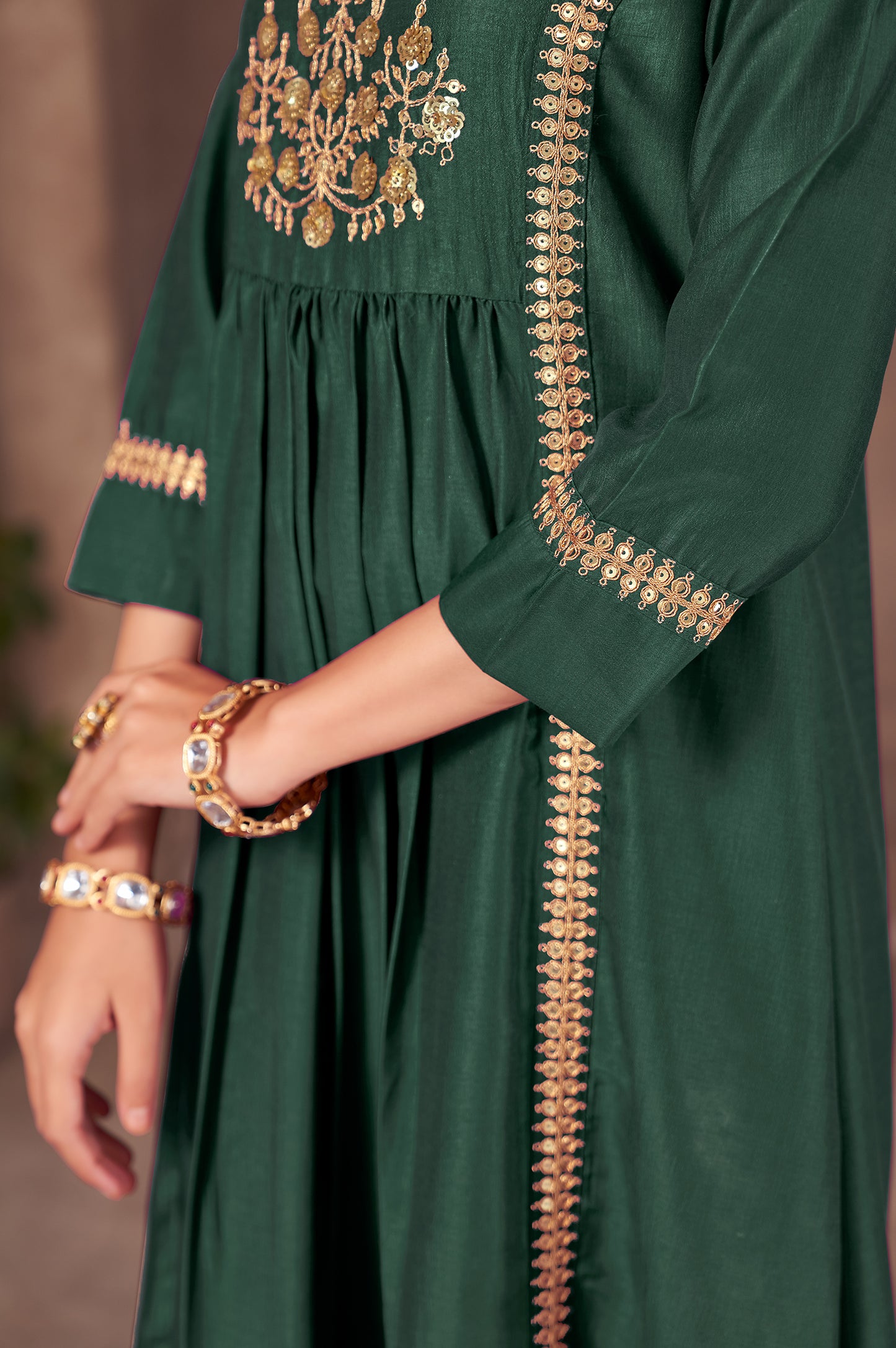 Green Chinnon Embroidered Flared Kurta Set with Jacquard Chanderi Dupatta