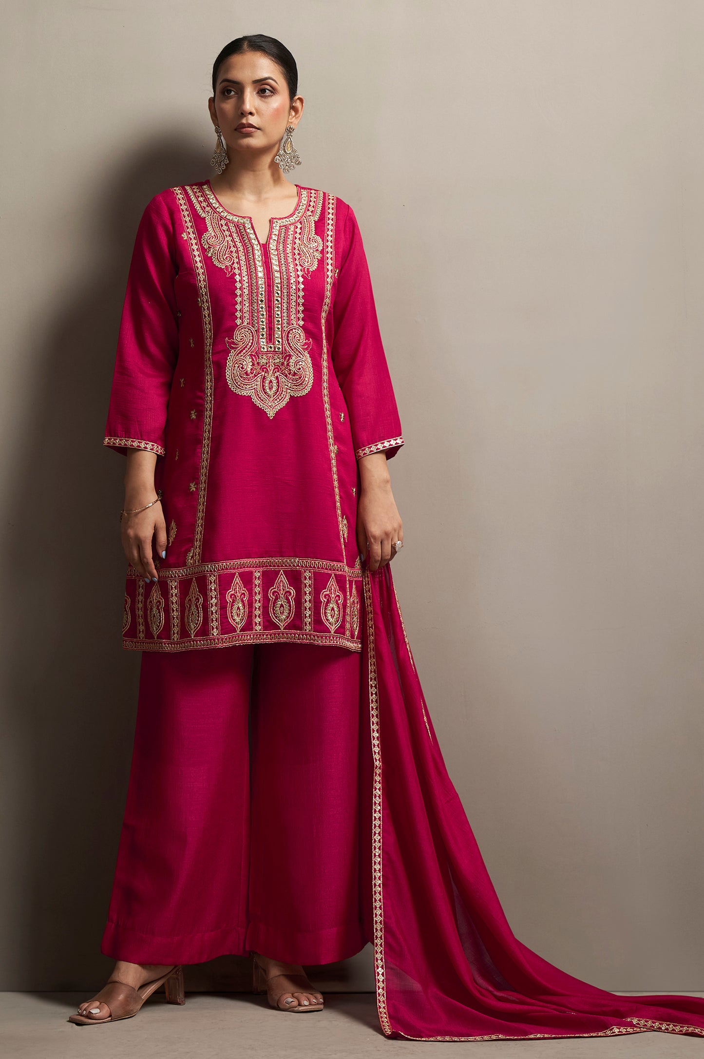 Women's Red Embroidered Silk Blend Straight Kurta Set