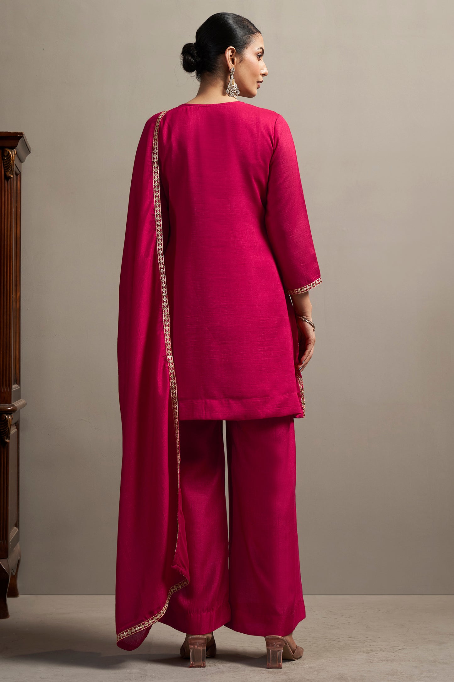 Women's Red Embroidered Silk Blend Straight Kurta Set