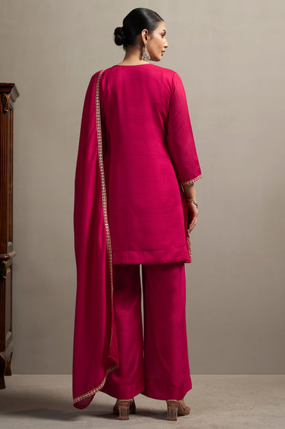 Women's Red Embroidered Silk Blend Straight Kurta Set