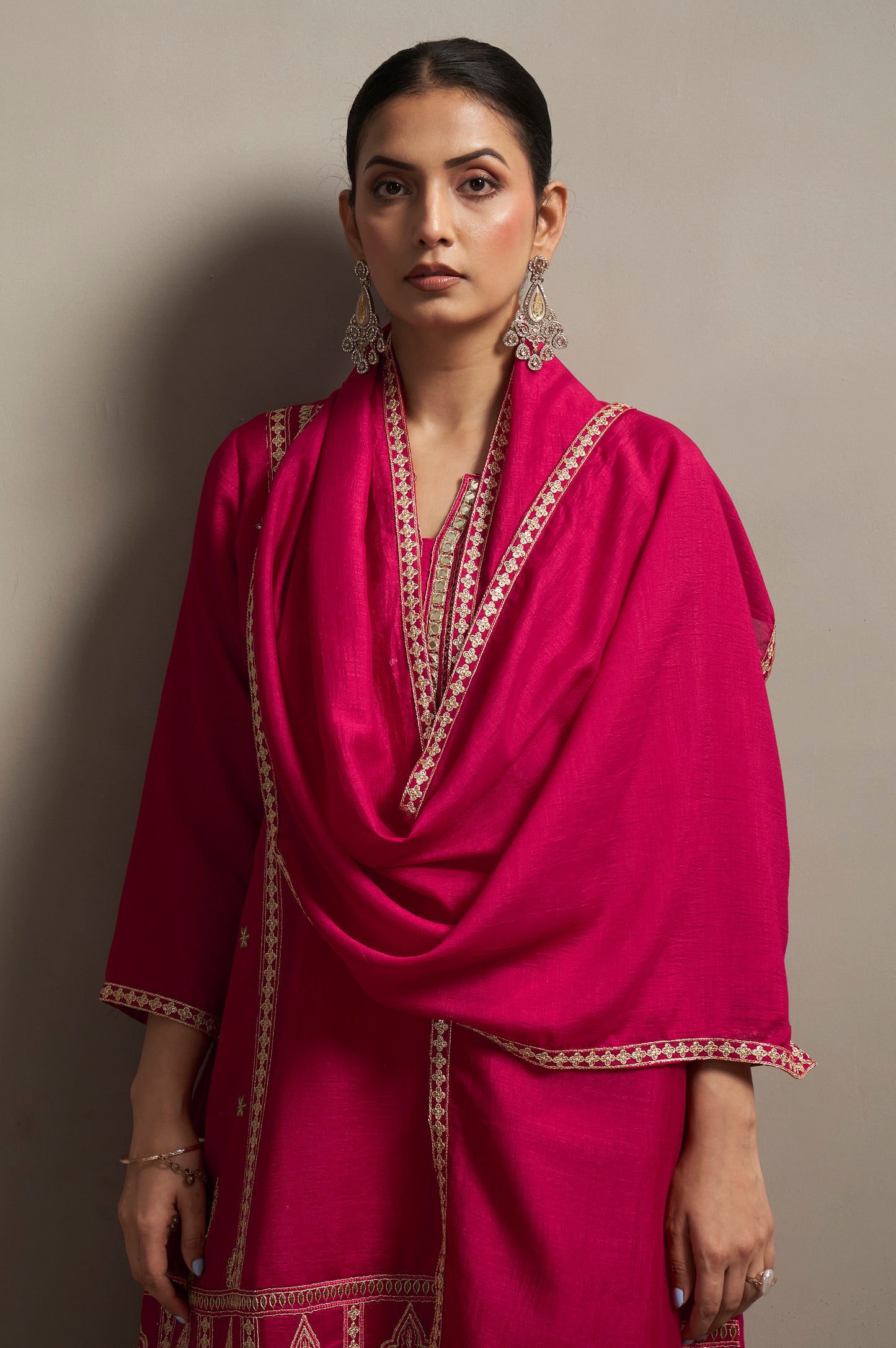 Women's Red Embroidered Silk Blend Straight Kurta Set