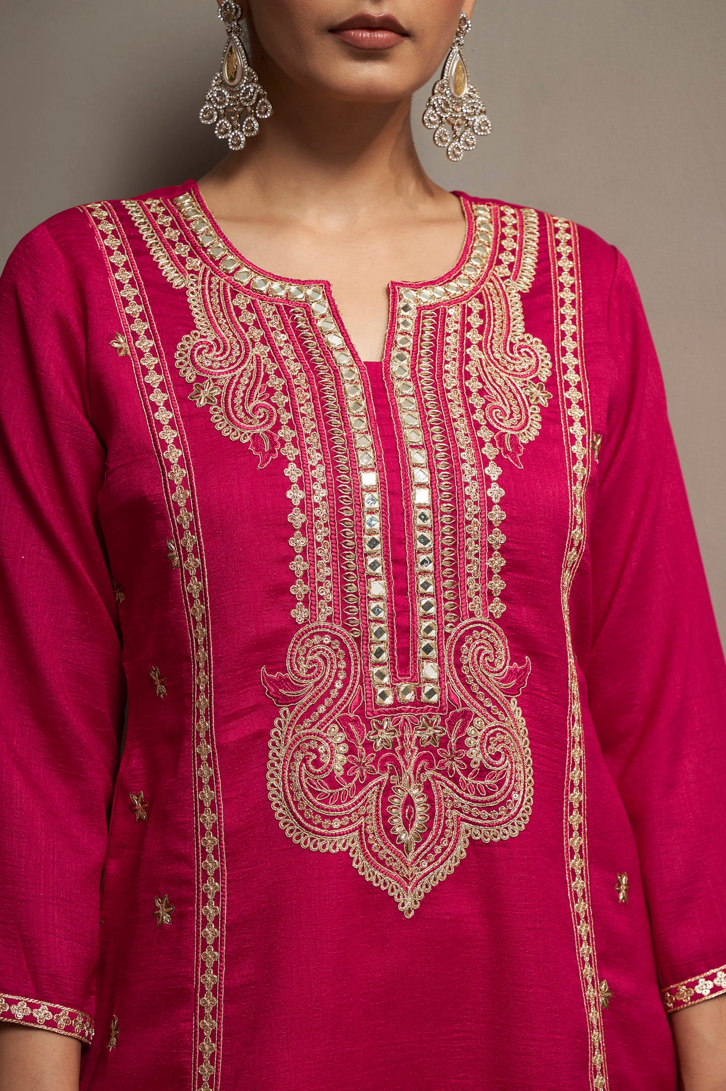 Women's Red Embroidered Silk Blend Straight Kurta Set
