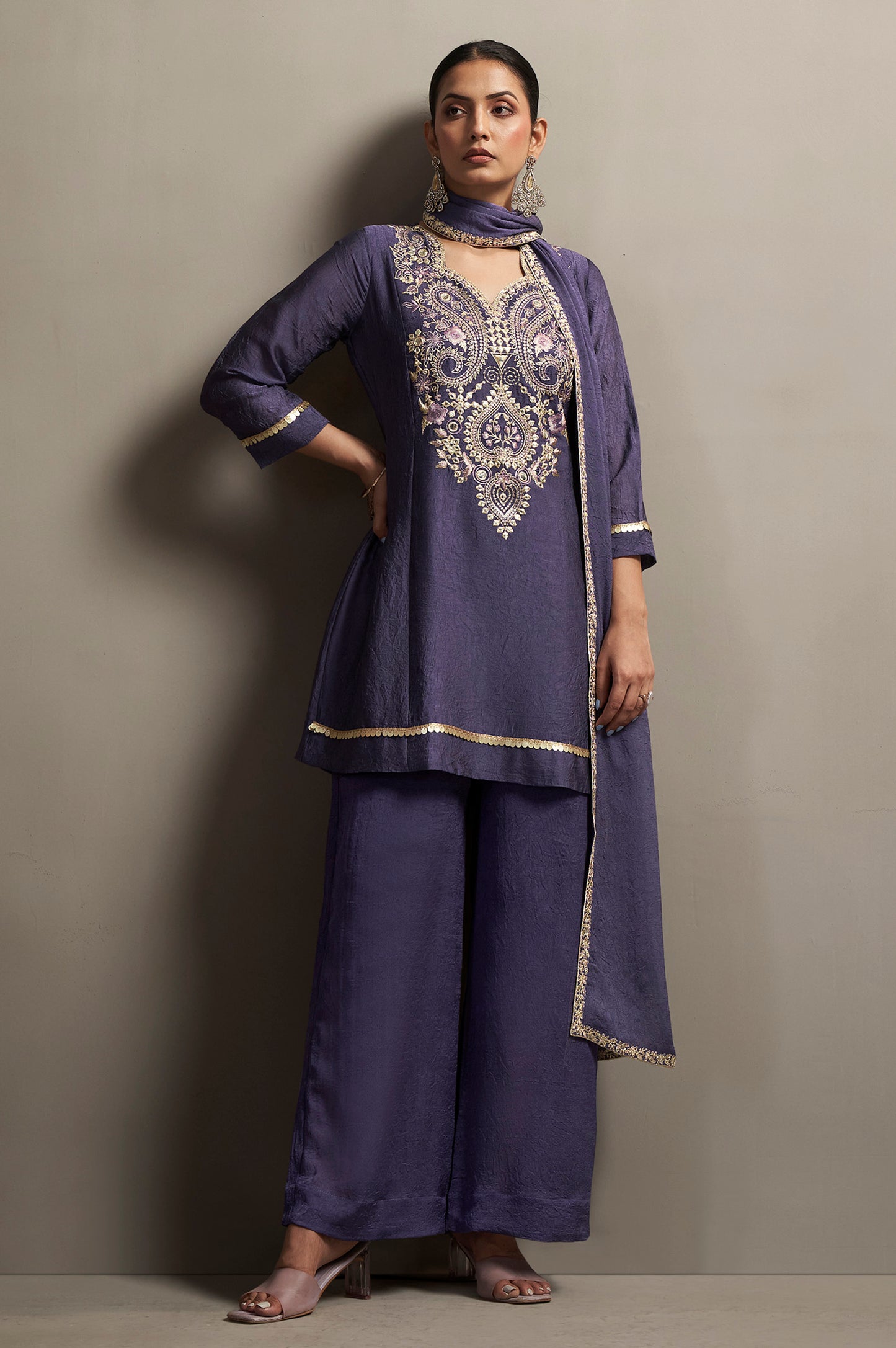 Women's Violet Embroidered Silk Blend Straight Kurta Set