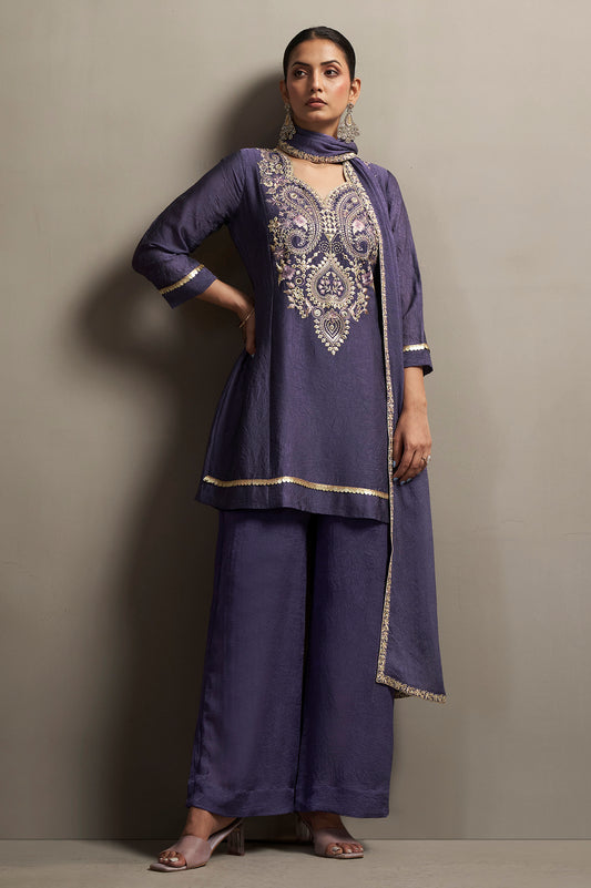 Women's Violet Embroidered Silk Blend Straight Kurta Set