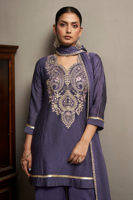 Women's Violet Embroidered Silk Blend Straight Kurta Set