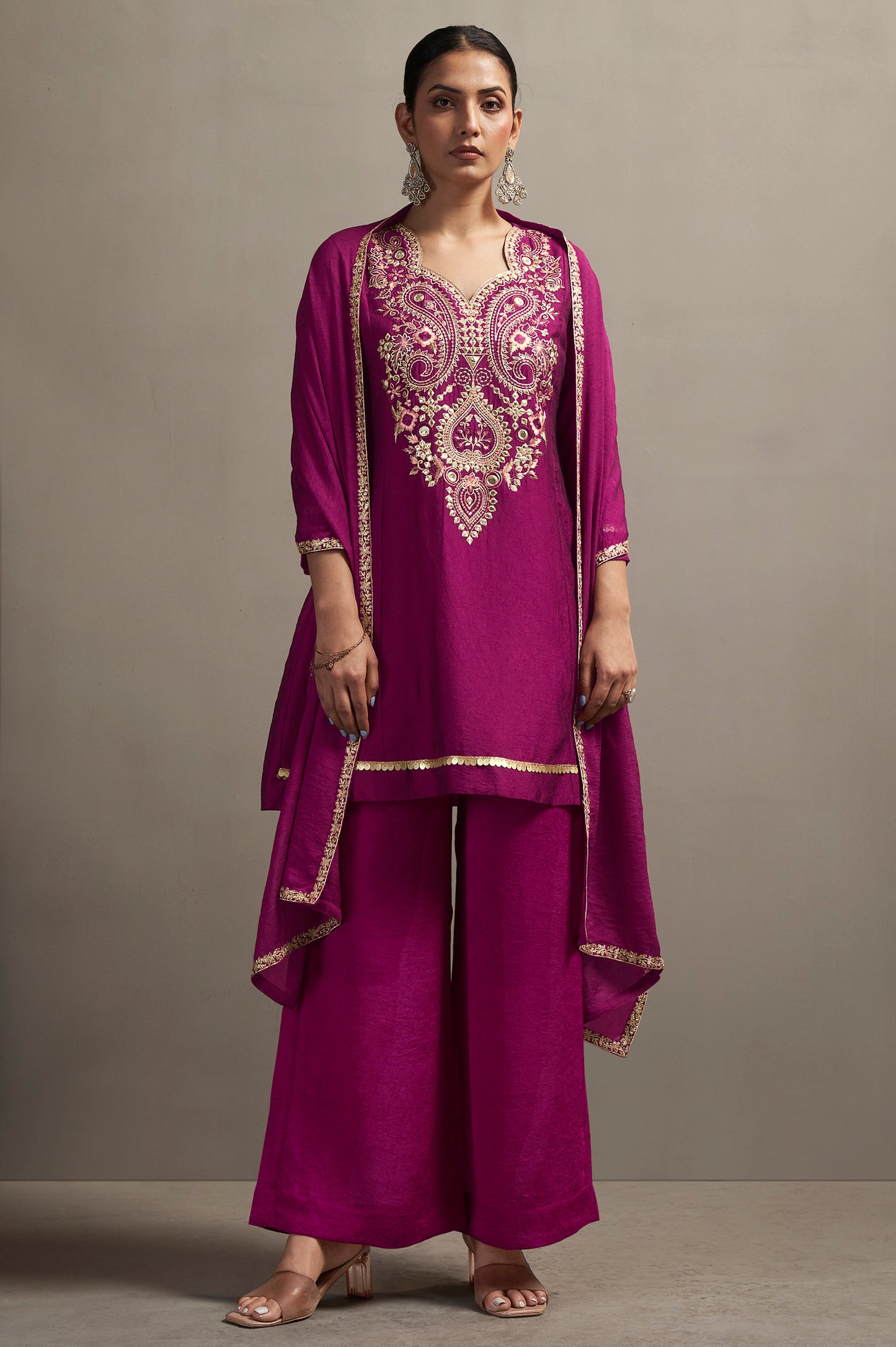Women's Rani Pink Embroidered Silk Blend Straight Kurta Set