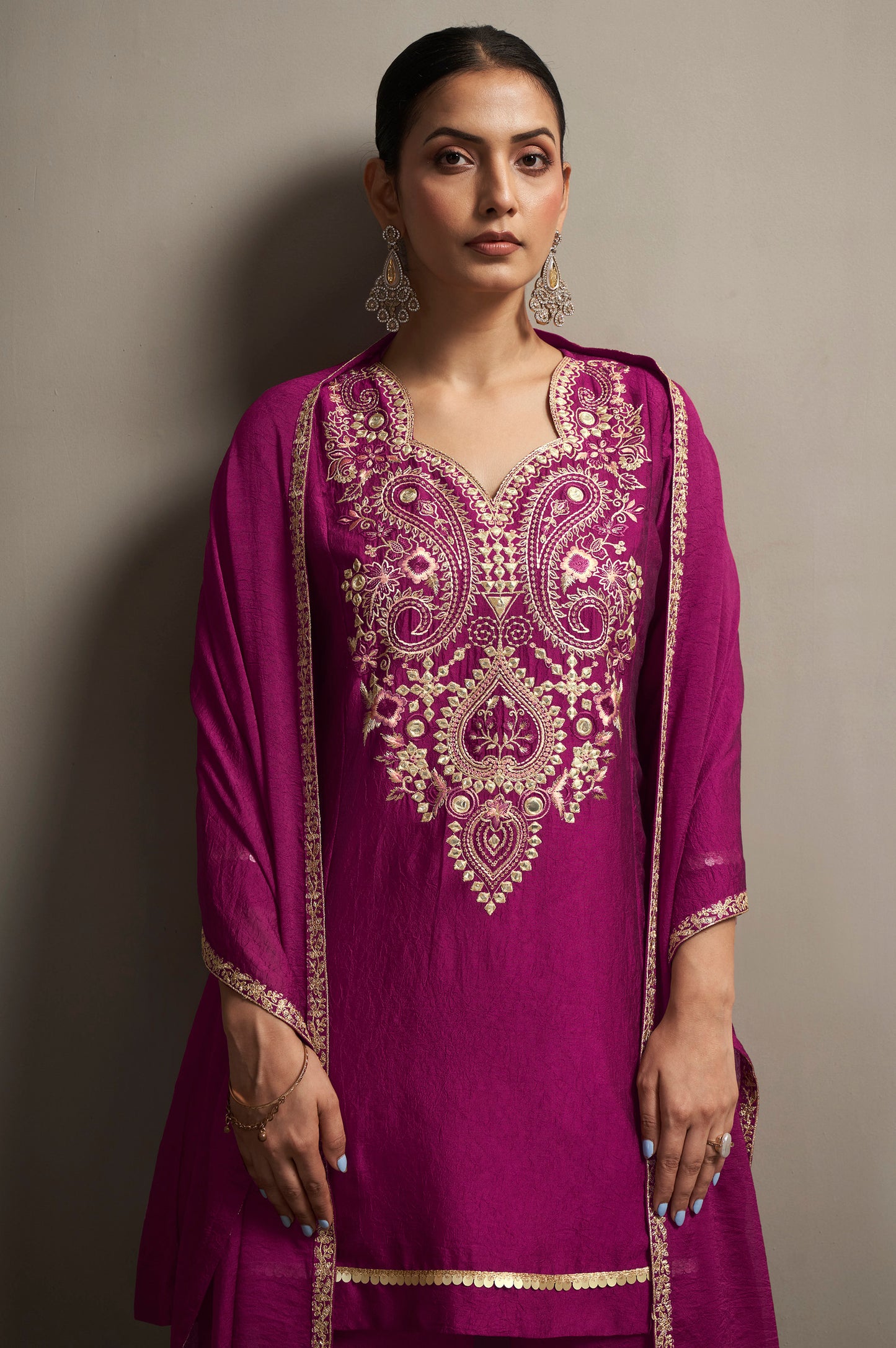 Women's Rani Pink Embroidered Silk Blend Straight Kurta Set