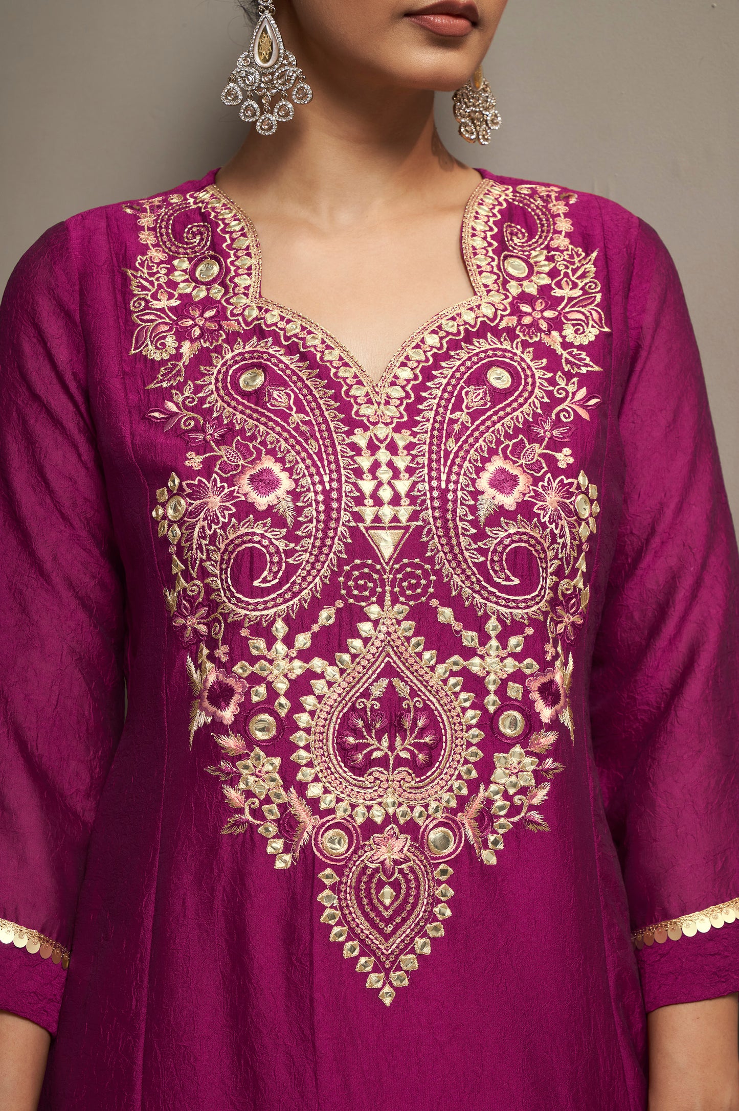 Women's Rani Pink Embroidered Silk Blend Straight Kurta Set