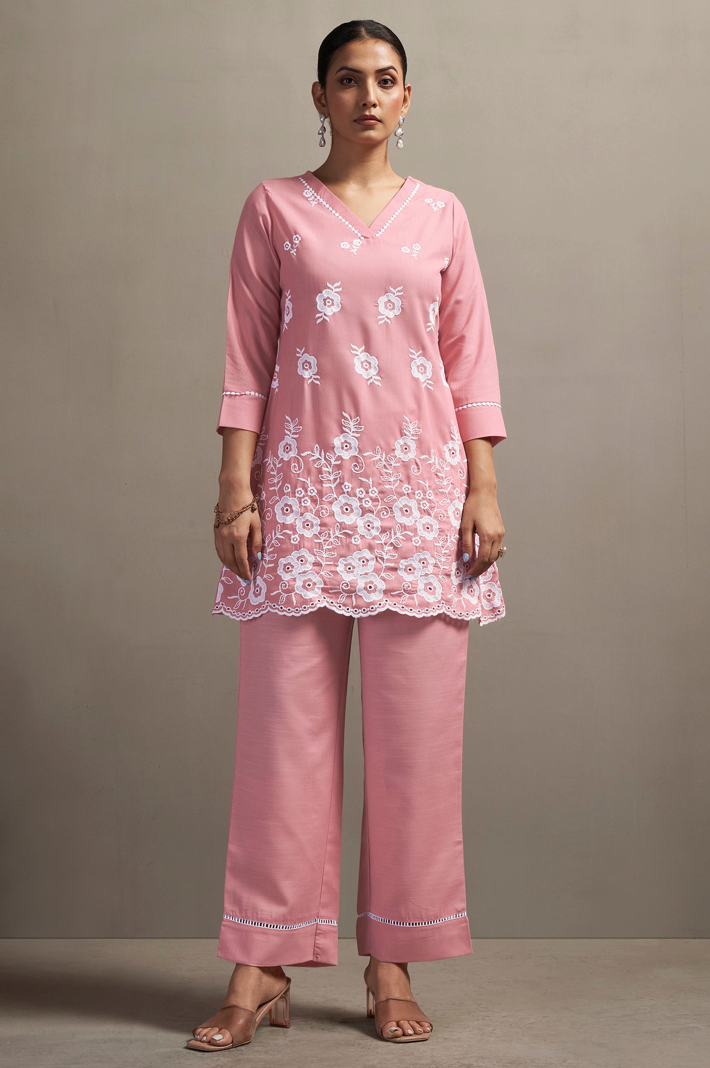 Women's Pink Pure Cotton Schiffli Embroidered Straight Co-Ord Set
