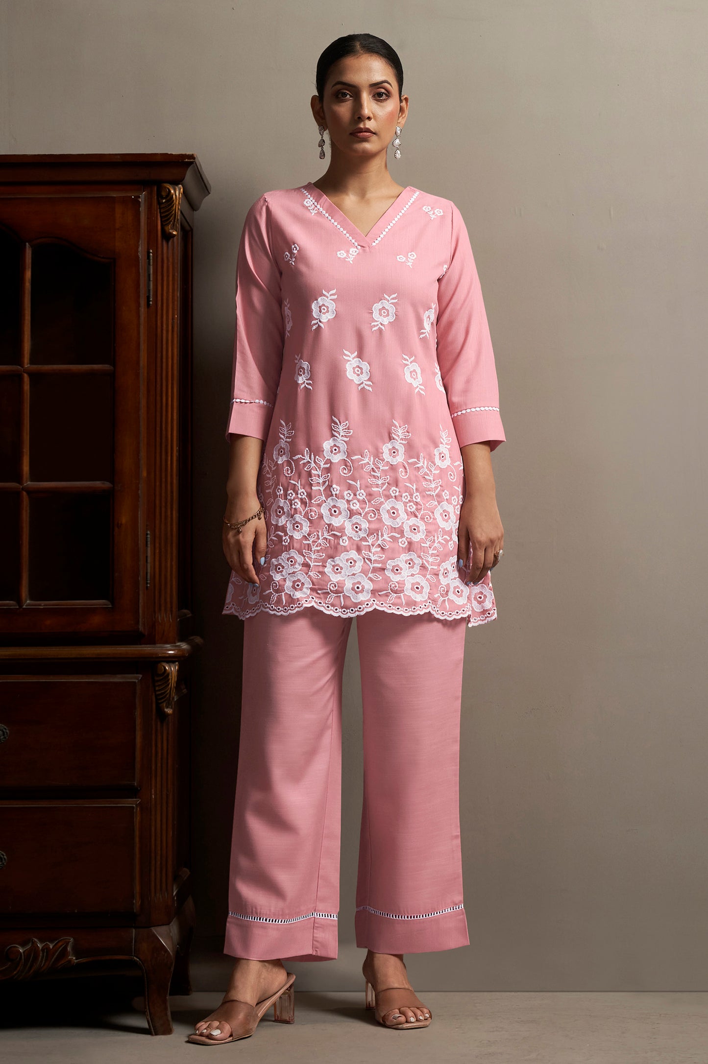Women's Pink Pure Cotton Schiffli Embroidered Straight Co-Ord Set