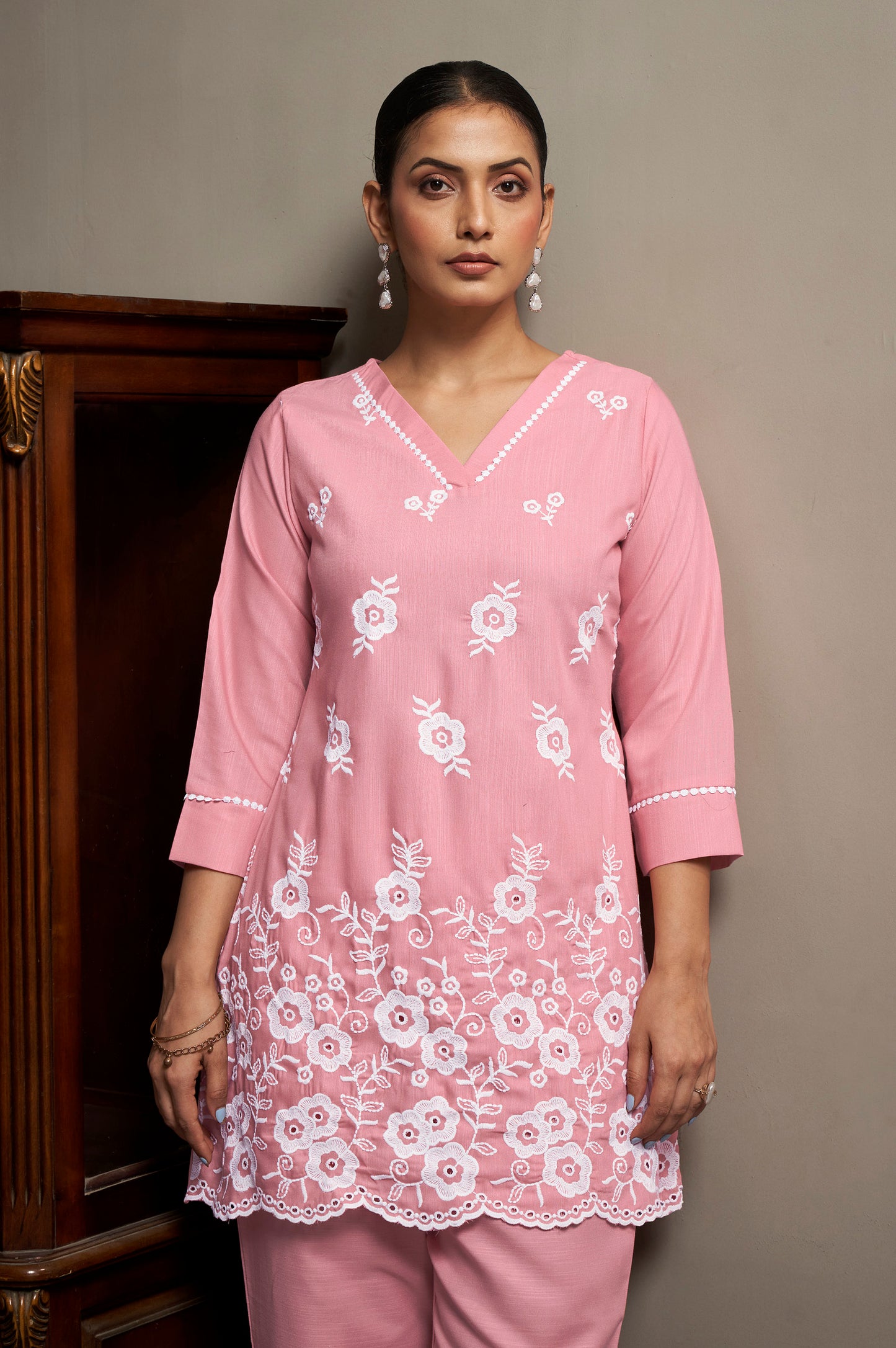 Women's Pink Pure Cotton Schiffli Embroidered Straight Co-Ord Set