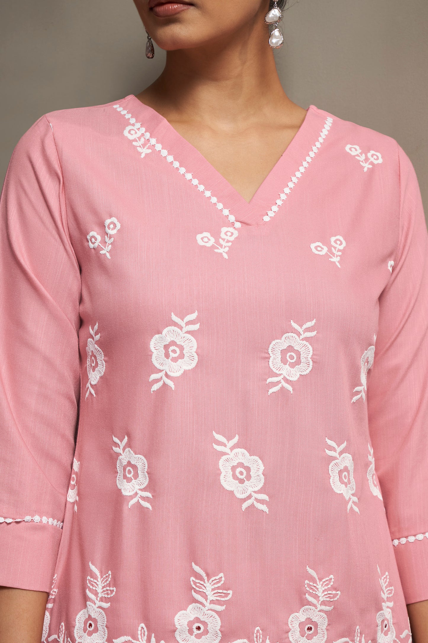 Women's Pink Pure Cotton Schiffli Embroidered Straight Co-Ord Set