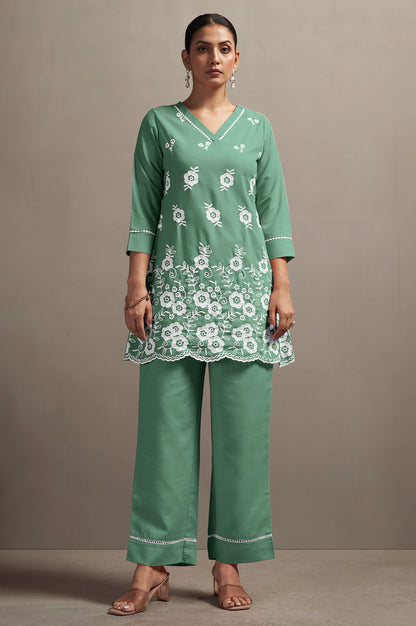Women's Green Pure Cotton Schiffli Embroidered Straight Co-Ord Set