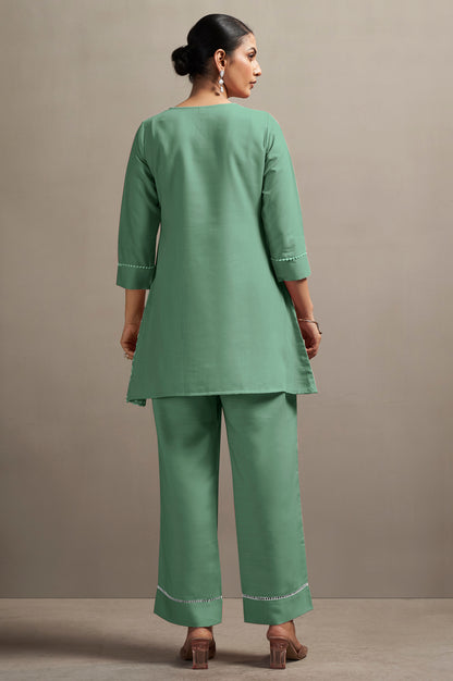 Women's Green Pure Cotton Schiffli Embroidered Straight Co-Ord Set