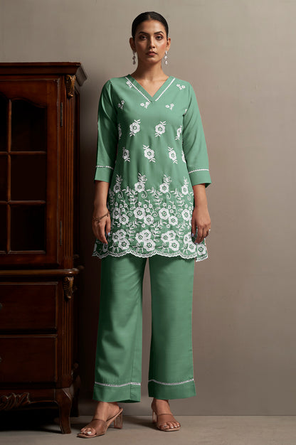 Women's Green Pure Cotton Schiffli Embroidered Straight Co-Ord Set