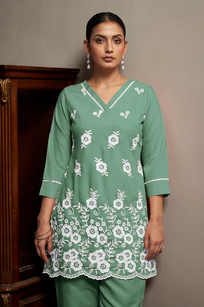 Women's Green Pure Cotton Schiffli Embroidered Straight Co-Ord Set