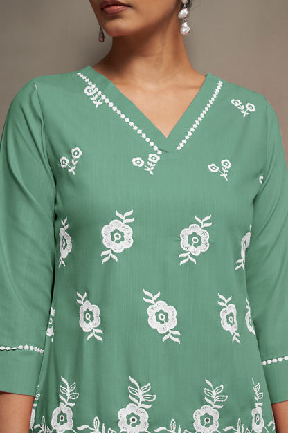 Women's Green Pure Cotton Schiffli Embroidered Straight Co-Ord Set