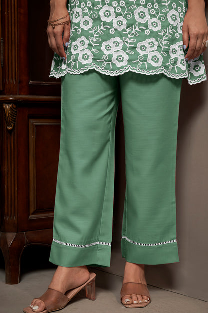 Women's Green Pure Cotton Schiffli Embroidered Straight Co-Ord Set