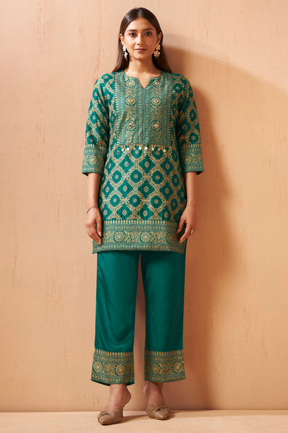 Women's Rama Green Jacquard Vichitra Silk Co-Ord Set