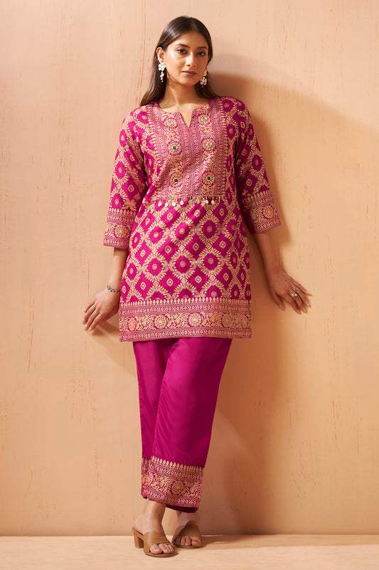Women's Pink Jacquard Vichitra Silk Co-Ord Set