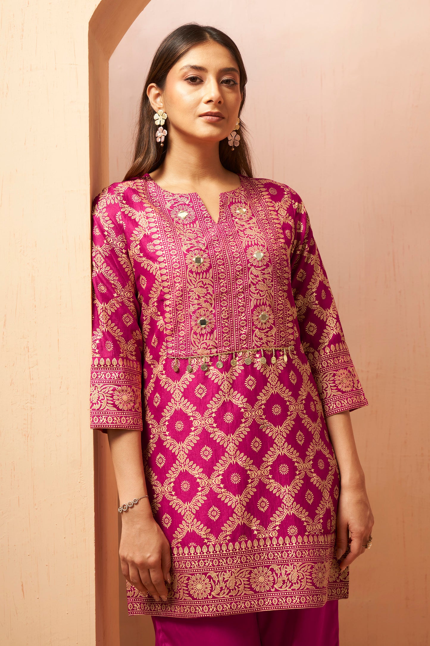 Women's Pink Jacquard Vichitra Silk Co-Ord Set