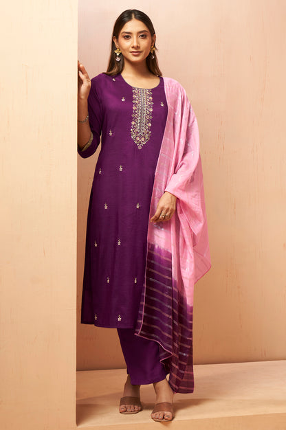 Women's Wine Beads Work Chinnon Kurta Set