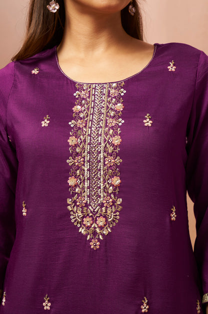 Women's Wine Beads Work Chinnon Kurta Set