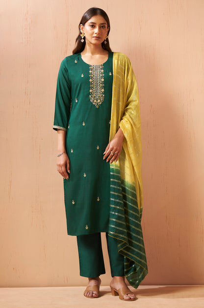 Women's Green Beads Work Chinnon Kurta Set