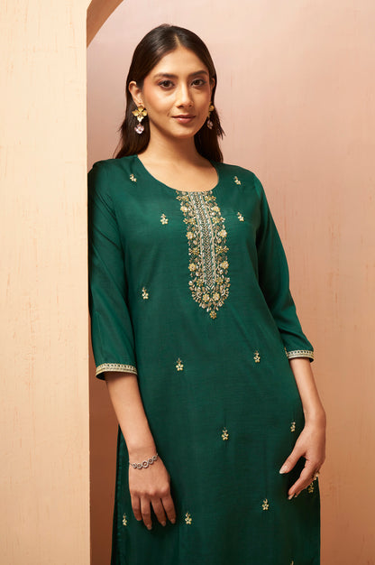 Women's Green Beads Work Chinnon Kurta Set