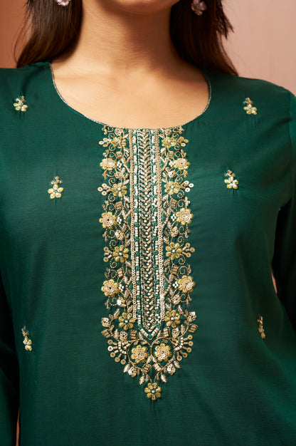 Women's Green Beads Work Chinnon Kurta Set