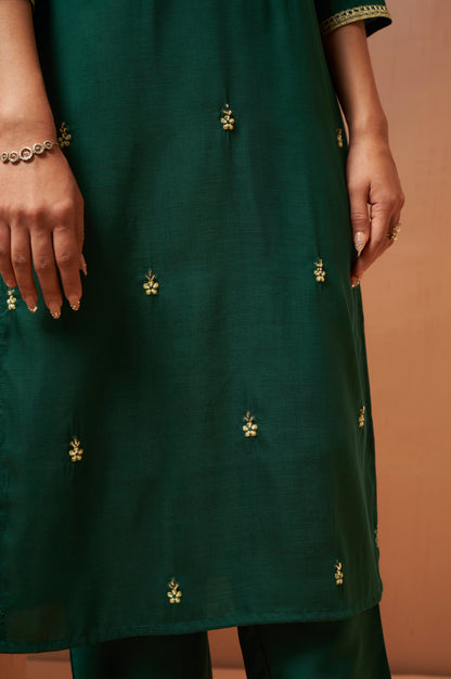Women's Green Beads Work Chinnon Kurta Set