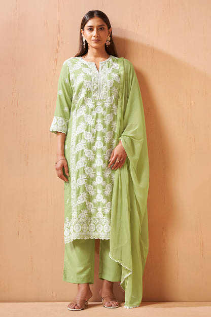 Women's Green Schiffli Embroidered Kurta Set