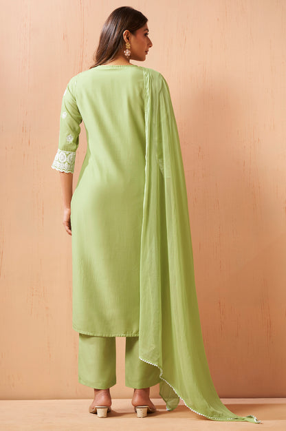Women's Green Schiffli Embroidered Kurta Set