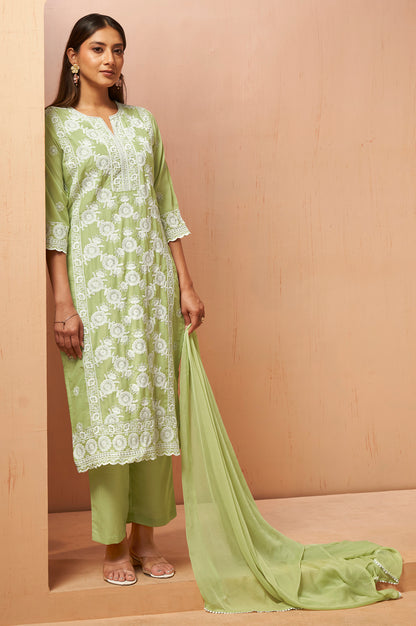 Women's Green Schiffli Embroidered Kurta Set