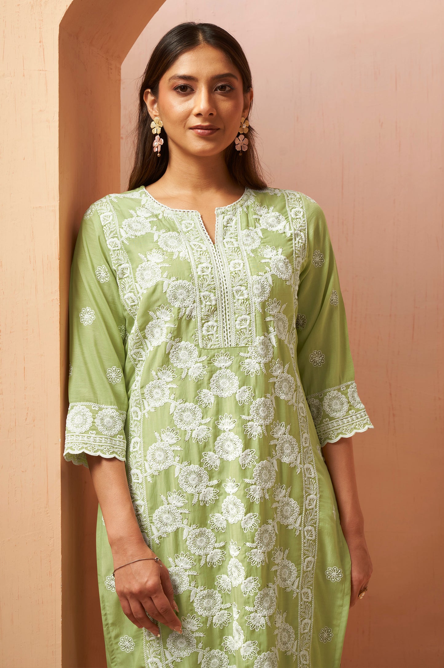 Women's Green Schiffli Embroidered Kurta Set