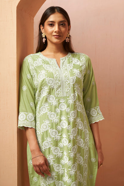 Women's Green Schiffli Embroidered Kurta Set