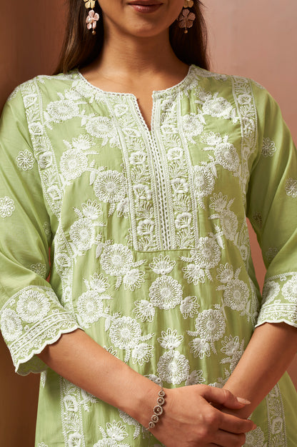 Women's Green Schiffli Embroidered Kurta Set