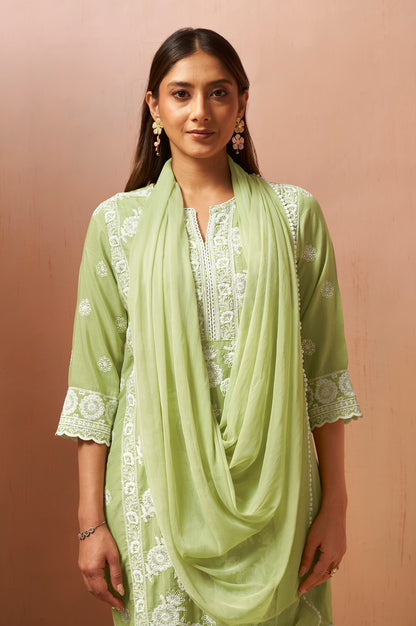 Women's Green Schiffli Embroidered Kurta Set