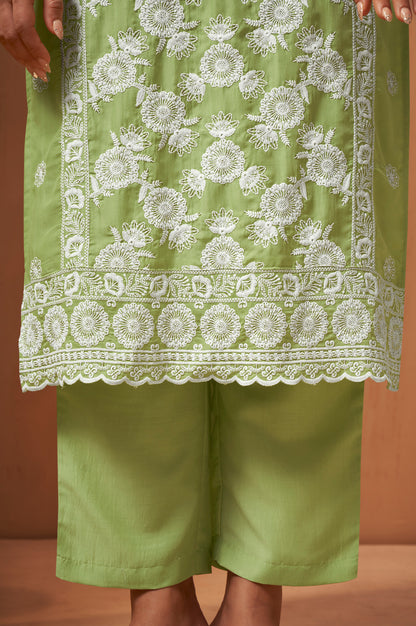 Women's Green Schiffli Embroidered Kurta Set
