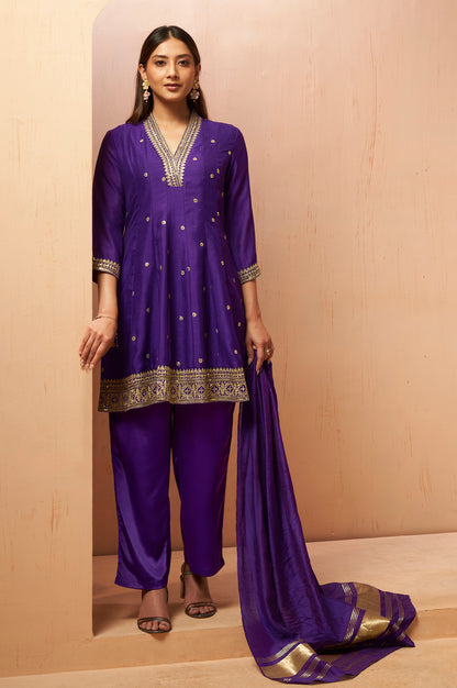 Women's Purple Embroidered Vichitra Silk Kurta Set