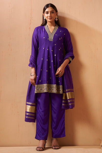 Women's Purple Embroidered Vichitra Silk Kurta Set