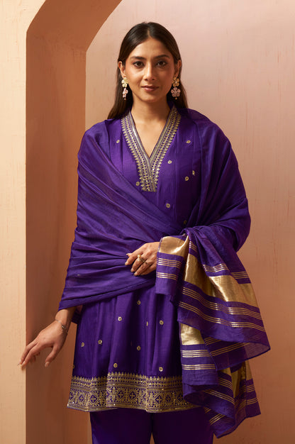 Women's Purple Embroidered Vichitra Silk Kurta Set