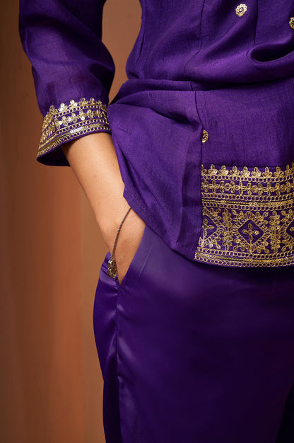 Women's Purple Embroidered Vichitra Silk Kurta Set