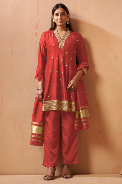Women's Red Embroidered Vichitra Silk Kurta Set